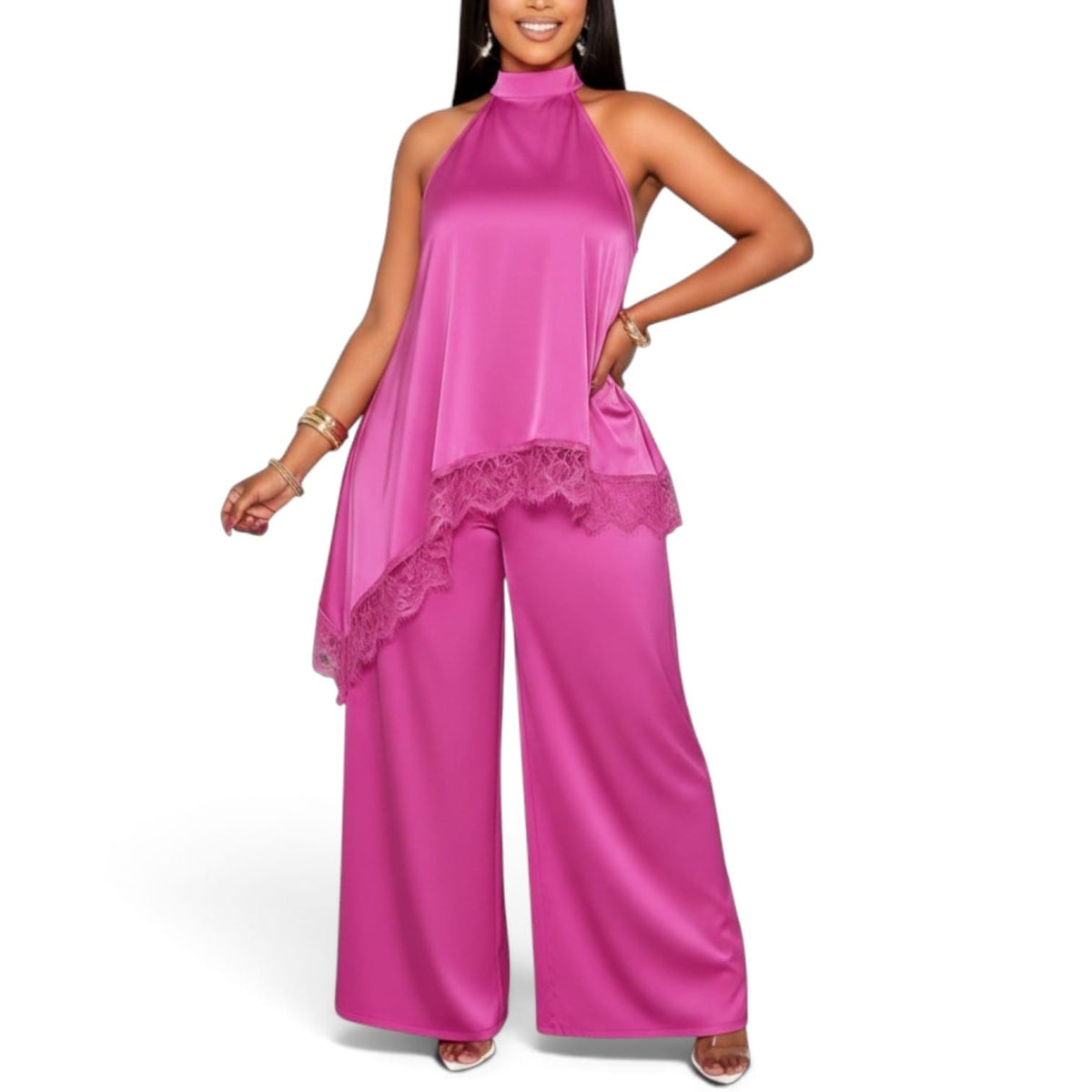 GlammeFab Two Piece Lace Silk Halter Neck Set Pink