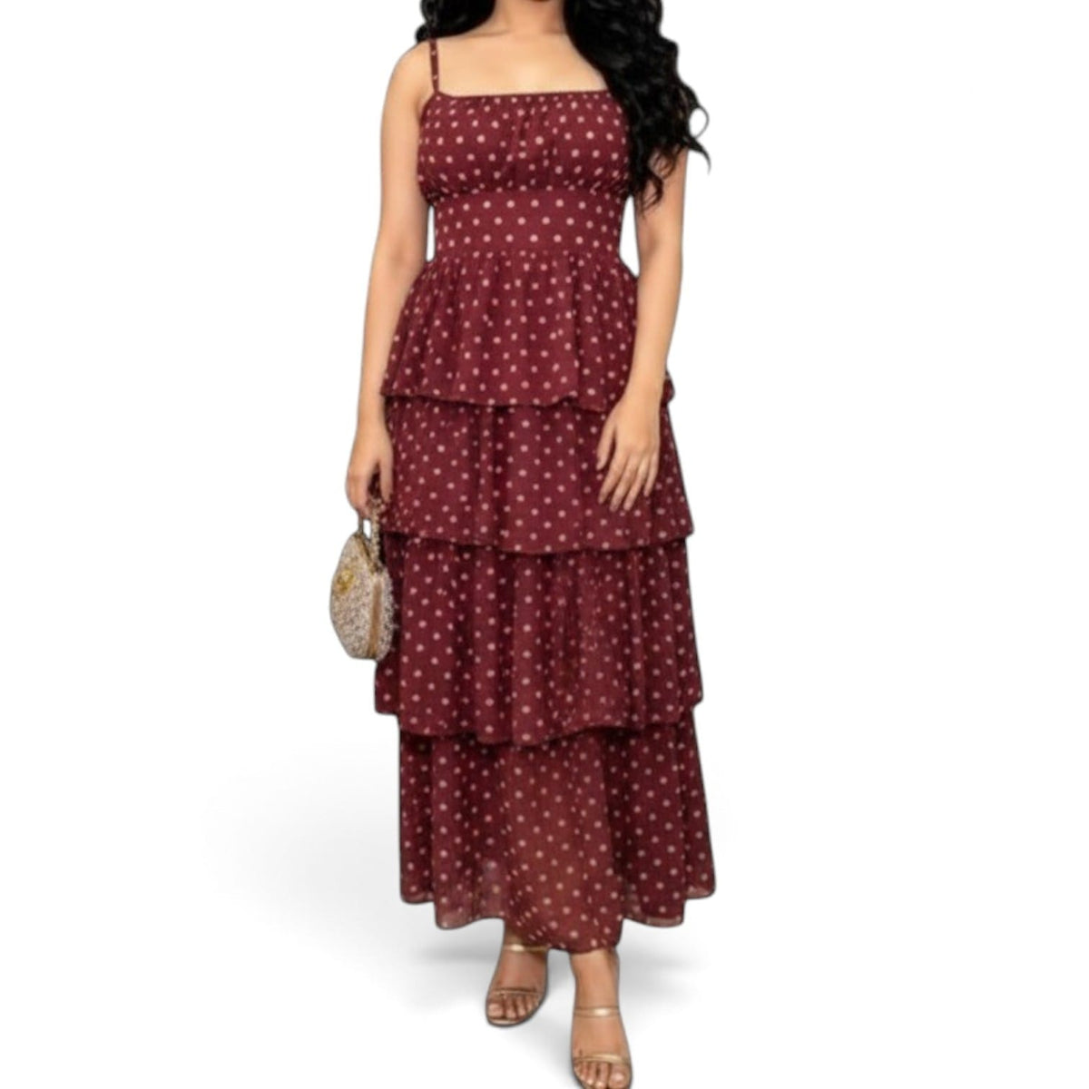 GlammeFab Polka Dot Layered Dress Burgundy