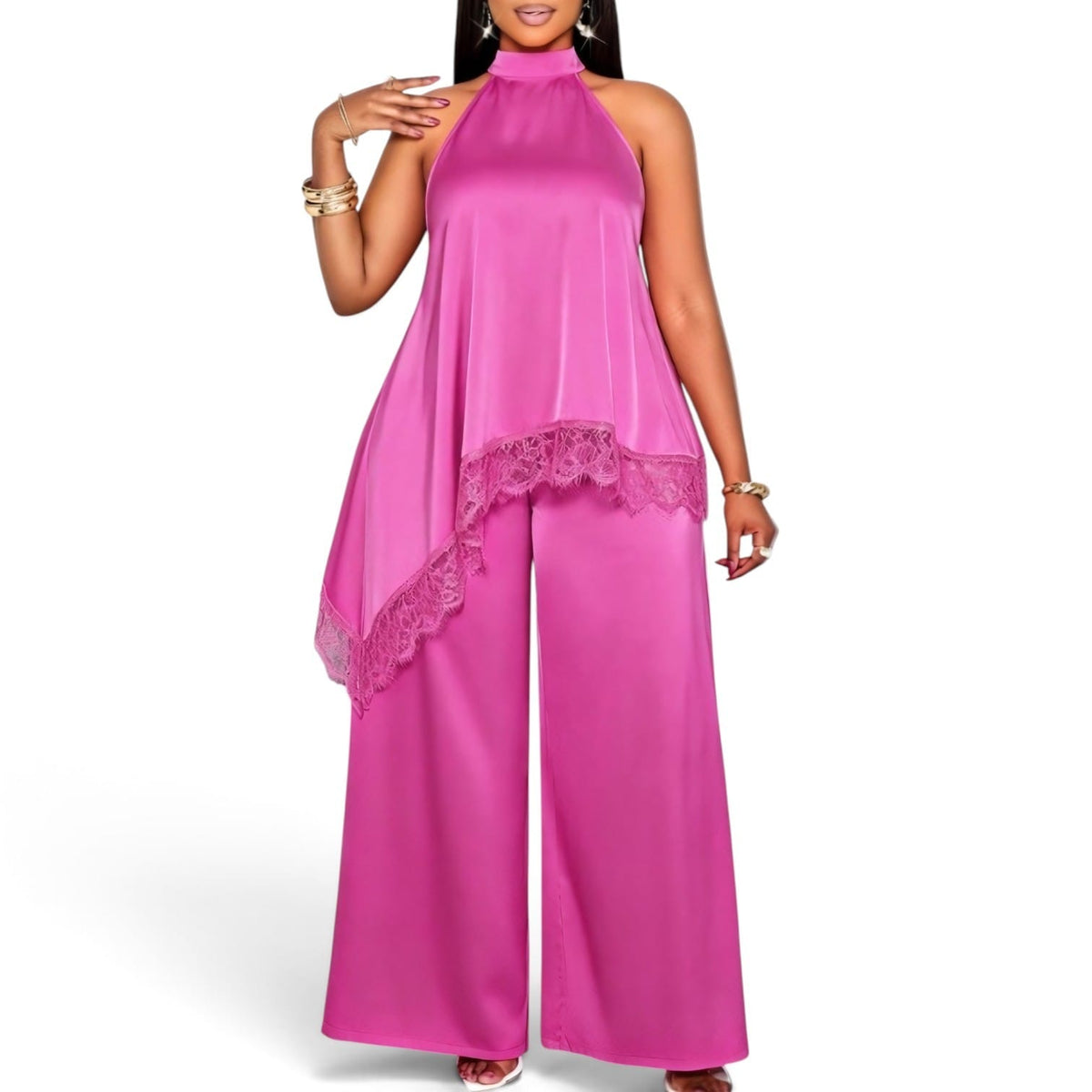 GlammeFab Two Piece Lace Silk Halter Neck Set Pink