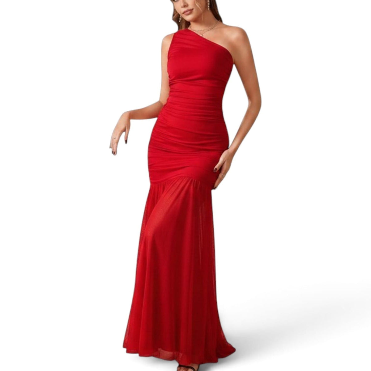 GlammeFab One Arm Long Mesh Dress Red
