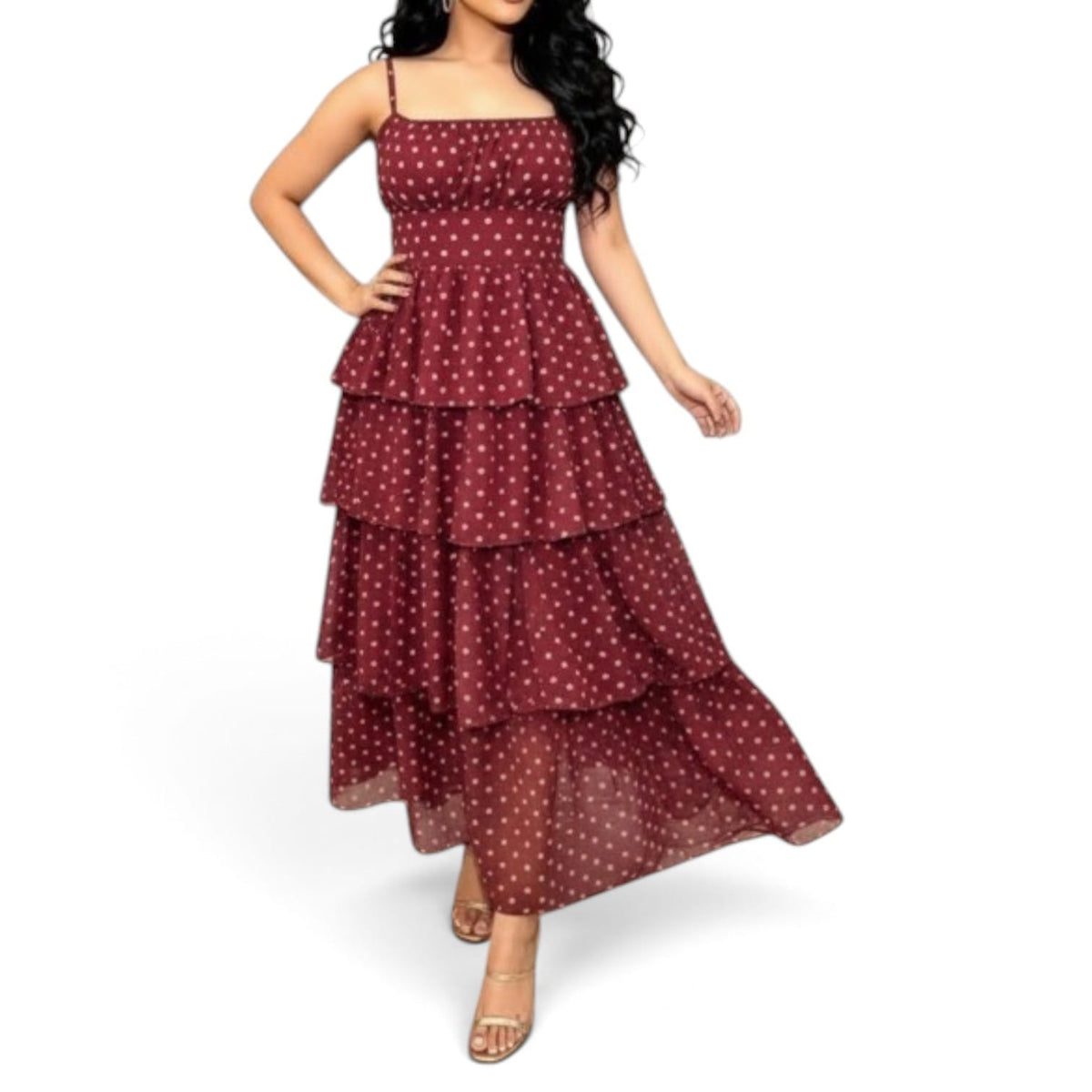 GlammeFab Polka Dot Layered Dress Burgundy