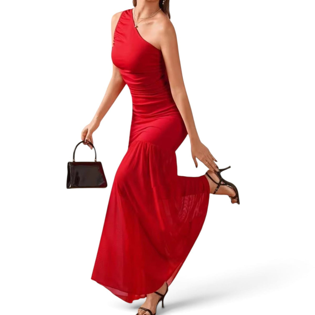 GlammeFab One Arm Long Mesh Dress Red
