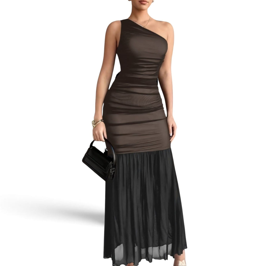 GlammeFab Elegant One-Shoulder Ruched Maxi Dress Black