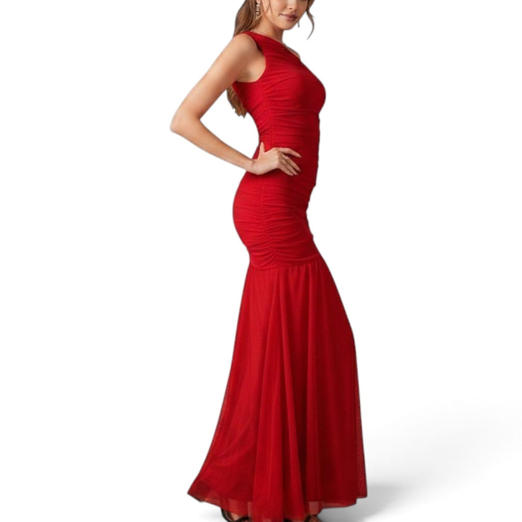 GlammeFab One Arm Long Mesh Dress Red