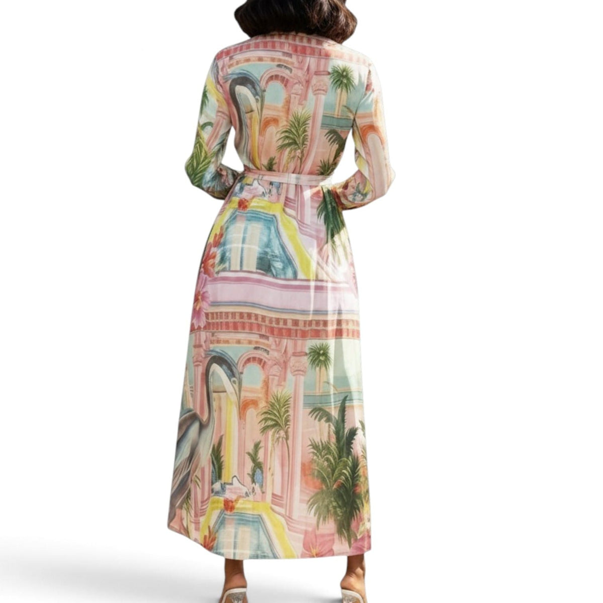 Elegant Tropical Print Long Sleeved Dress