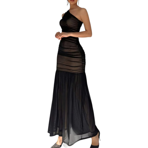 GlammeFab Elegant One-Shoulder Ruched Maxi Dress Black