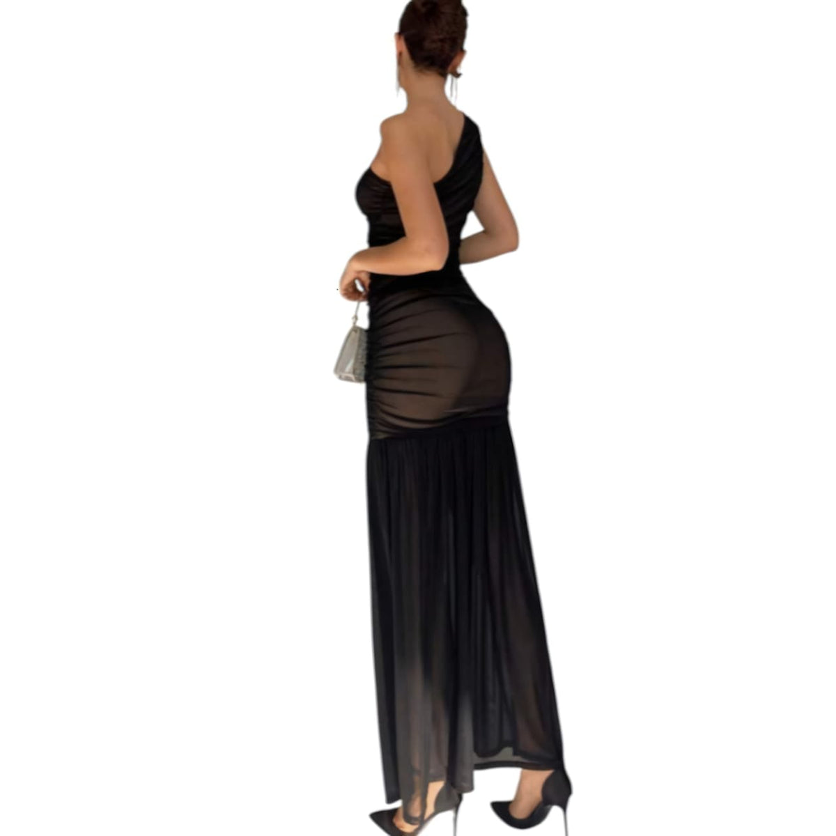 GlammeFab Elegant One-Shoulder Ruched Maxi Dress Black