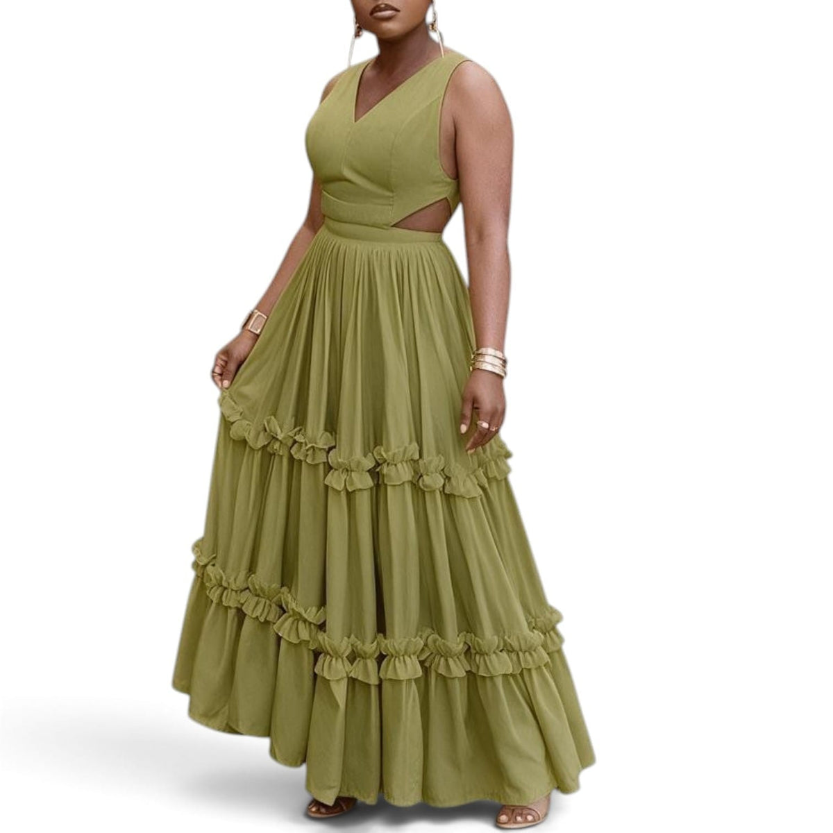 Side Cut Sleeveless Long Dress Green