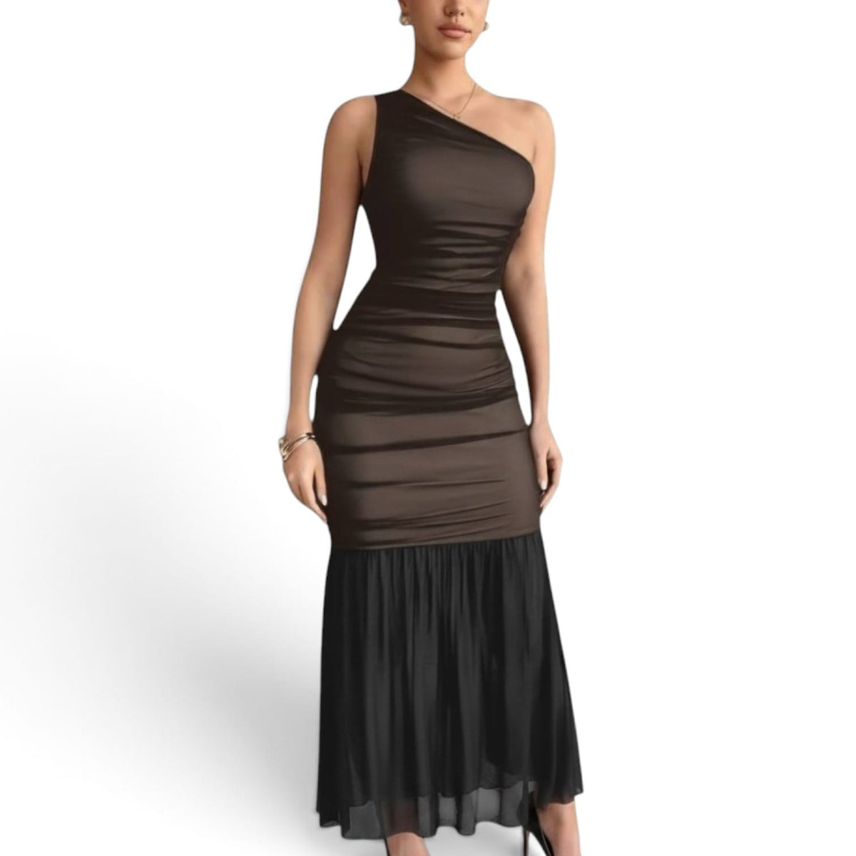 GlammeFab Elegant One-Shoulder Ruched Maxi Dress Black
