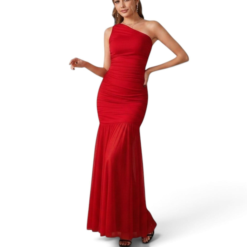 GlammeFab One Arm Long Mesh Dress Red