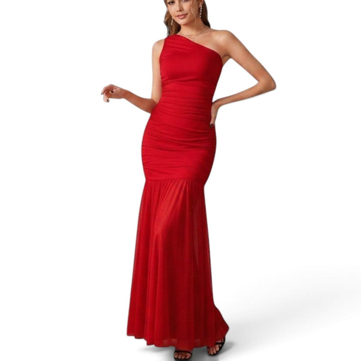 GlammeFab One Arm Long Mesh Dress Red