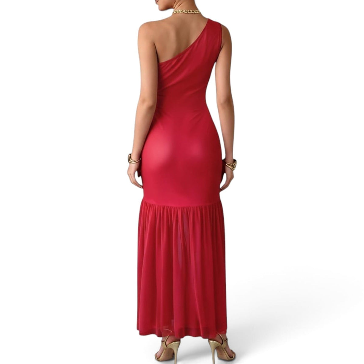 GlammeFab One Arm Long Mesh Dress Red